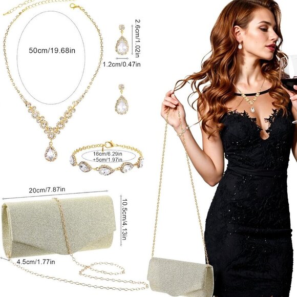 Radiant Gold Rhinestone Jewelry Set with Evening Clutch Purse - Gift Ready! - Picture 2 of 8